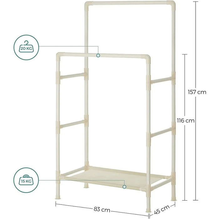 Songmics Garderobenständer RDR01WT, Bis 55 Kg, Mit 2 Kleiderstangen Und Ablage, Metall, Weiß 4 Songmics Garderobenständer RDR01WT, Bis 55 Kg, Mit 2 Kleiderstangen Und Ablage, Metall, Weiß – Bild 2