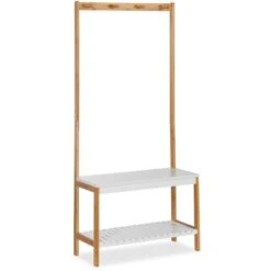 Relaxdays Garderobenständer 10024984, Mit 2 Ablagen & 4 Haken, Bambus, Natur / Weiß