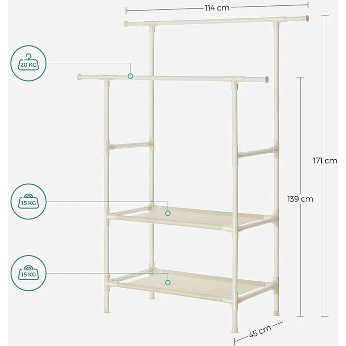 Songmics Garderobenständer RDR02WT, Bis 70 Kg, Mit 2 Kleiderstangen Und 2 Ablagen, Metall, Weiß 4 Songmics Garderobenständer RDR02WT, Bis 70 Kg, Mit 2 Kleiderstangen Und 2 Ablagen, Metall, Weiß – Bild 2